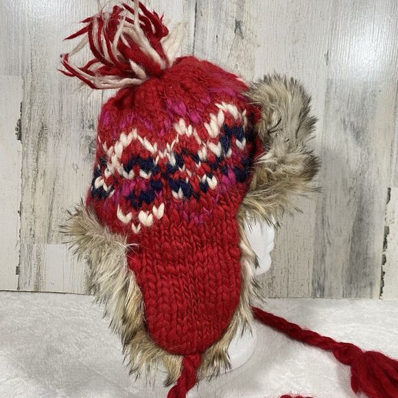 American Eagle Wool Alpaca Faux Fur Trapper Hat Fair Isle Knit Ear Flap OS NWT - Picture 2 of 8